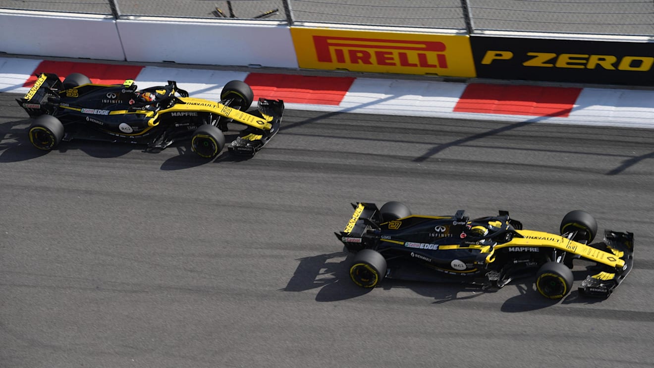 Nico Hulkenberg, Renault Sport F1 Team R.S. 18 and Carlos Sainz, Renault Sport F1 Team R.S. 18 at Formula One World Championship, Rd16, Russian Grand Prix, Race, Sochi Autodrom, Sochi, Krasnodar Krai, Russia, Sunday 30 September 2018.