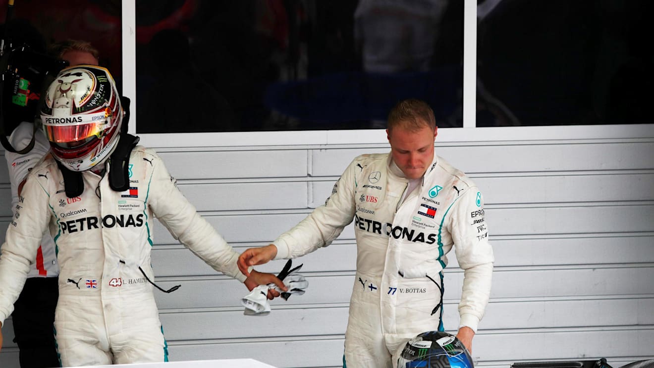 Lewis Hamilton, Mercedes AMG F1 and Valtteri Bottas, Mercedes AMG F1 in parc ferme at Formula One World Championship, Rd16, Russian Grand Prix, Race, Sochi Autodrom, Sochi, Krasnodar Krai, Russia, Sunday 30 September 2018.