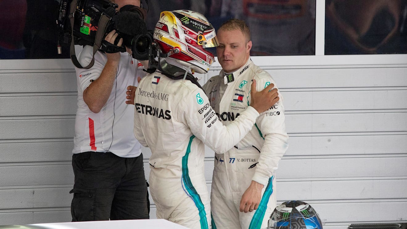 Lewis Hamilton, Mercedes AMG F1 and Valtteri Bottas, Mercedes AMG F1 in parc ferme at Formula One World Championship, Rd16, Russian Grand Prix, Race, Sochi Autodrom, Sochi, Krasnodar Krai, Russia, Sunday 30 September 2018.
