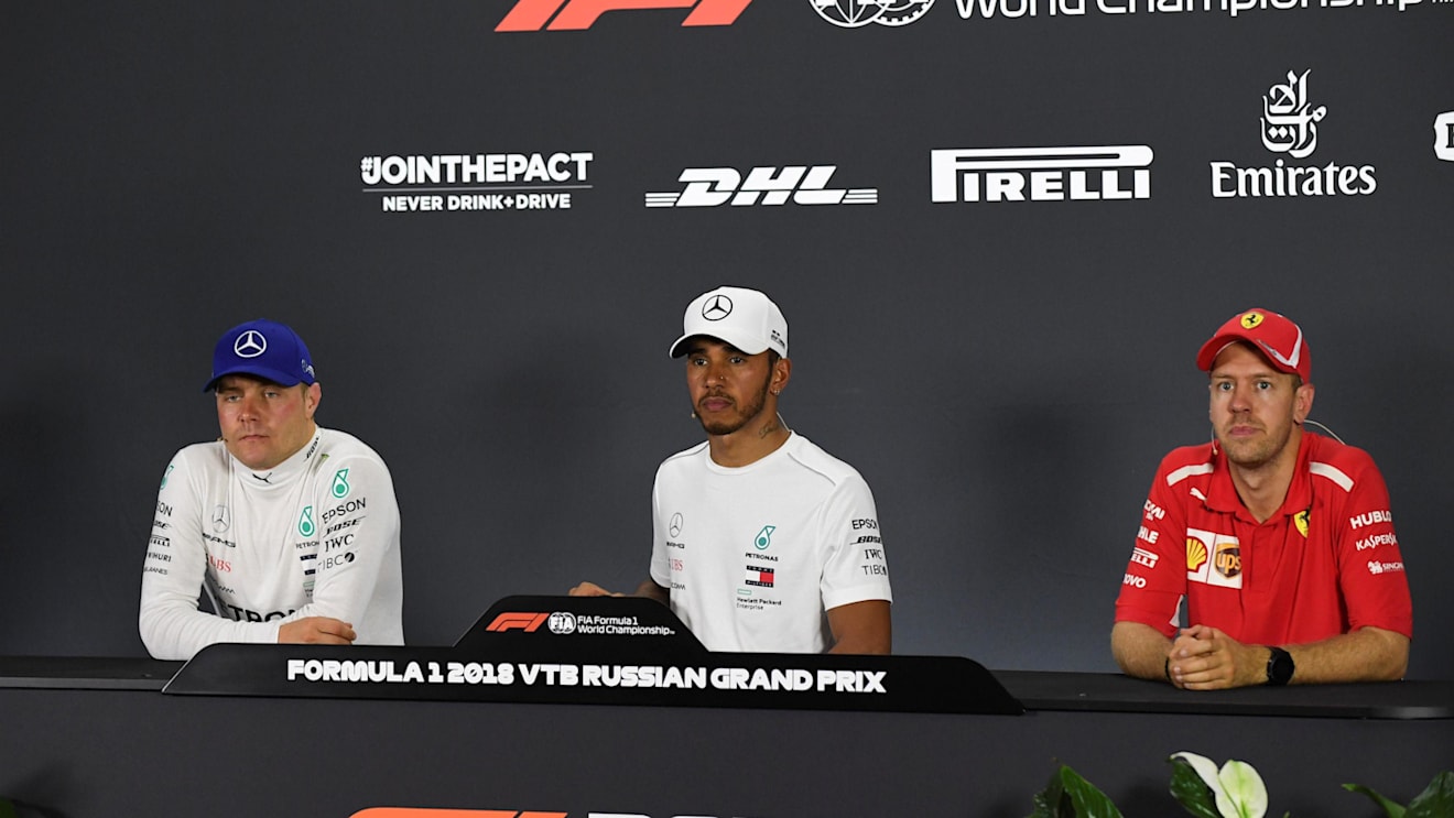 (L to R): Valtteri Bottas, Mercedes AMG F1, Lewis Hamilton, Mercedes AMG F1 and Sebastian Vettel, Ferrari in the Press Conference at Formula One World Championship, Rd16, Russian Grand Prix, Race, Sochi Autodrom, Sochi, Krasnodar Krai, Russia, Sunday 30 September 2018.