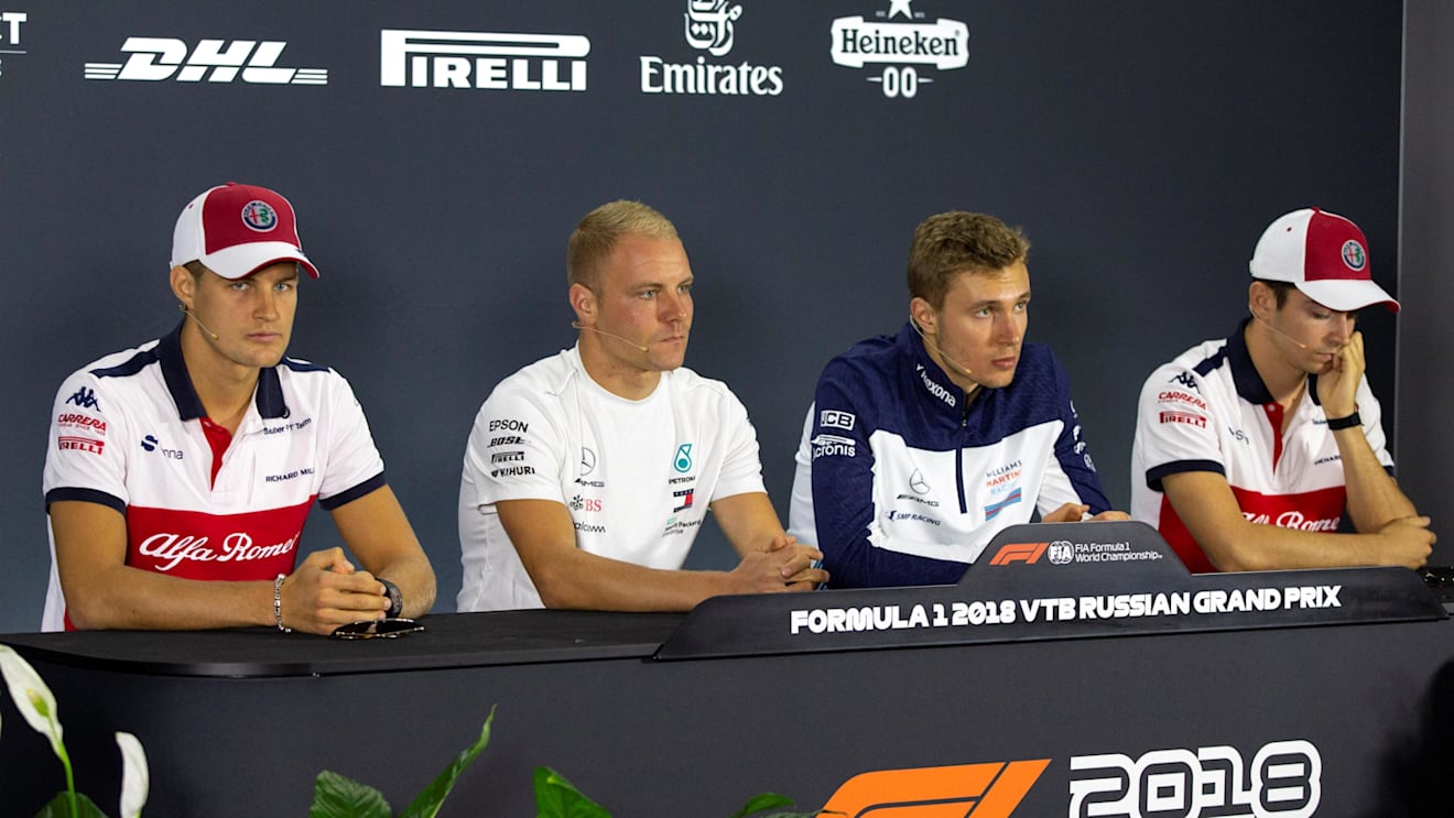 (L to R): Marcus Ericsson, Alfa Romeo Sauber F1 Team, Valtteri Bottas, Mercedes AMG F1, Sergey Sirotkin, Williams Racing and Charles Leclerc, Alfa Romeo Sauber F1 Team in Press Conference at Formula One World Championship, Rd16, Russian Grand Prix, Preparations, Sochi Autodrom, Sochi, Krasnodar Krai, Russia, Thursday 27 September 2018.