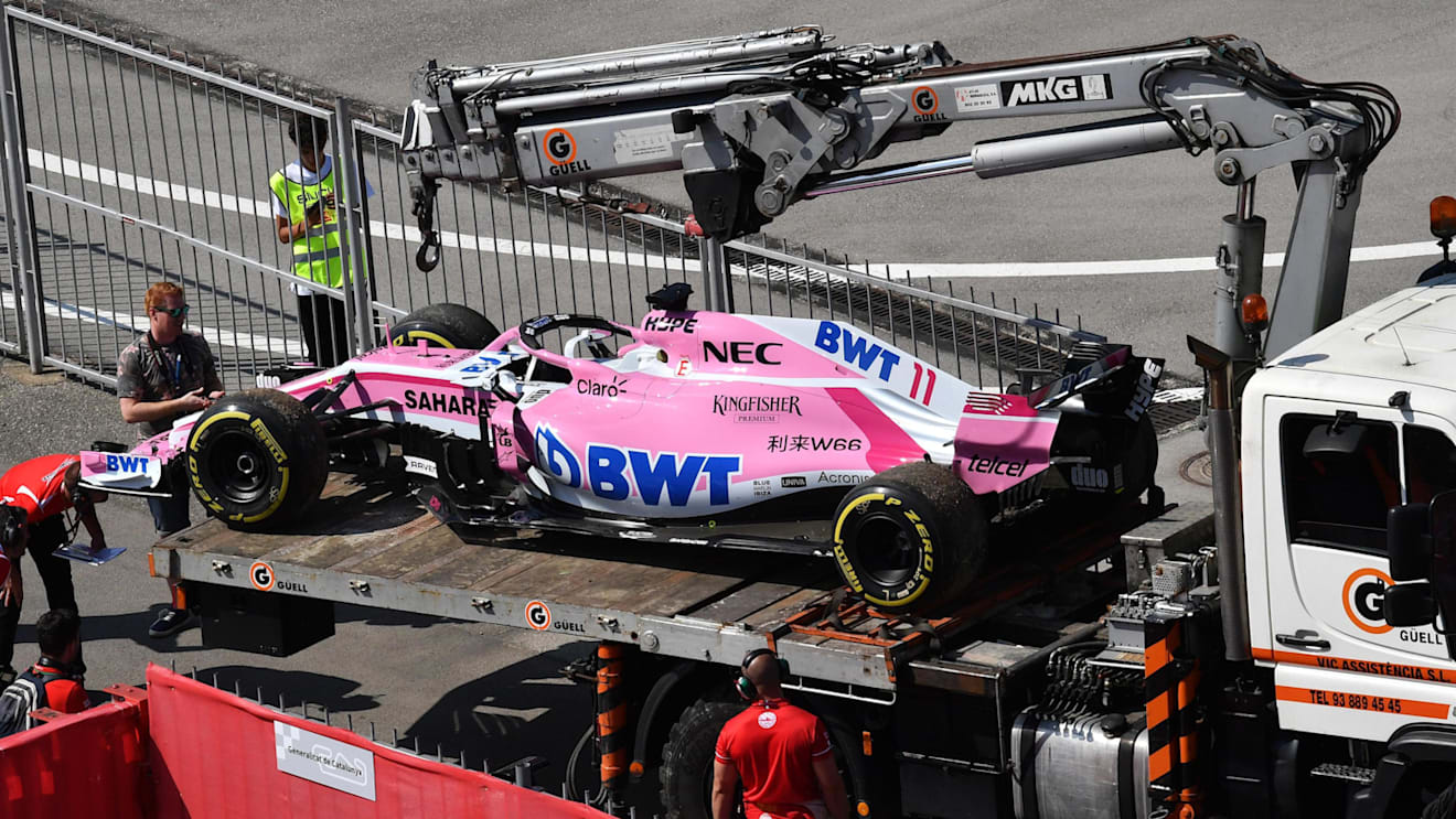 The recovered car of Sergio Perez (MEX) Force India VJM11 at Formula One World Championship, Rd5, Spanish Grand Prix, Practice, Barcelona, Spain, Friday 11 May 2018. © Mark Sutton/Sutton Images