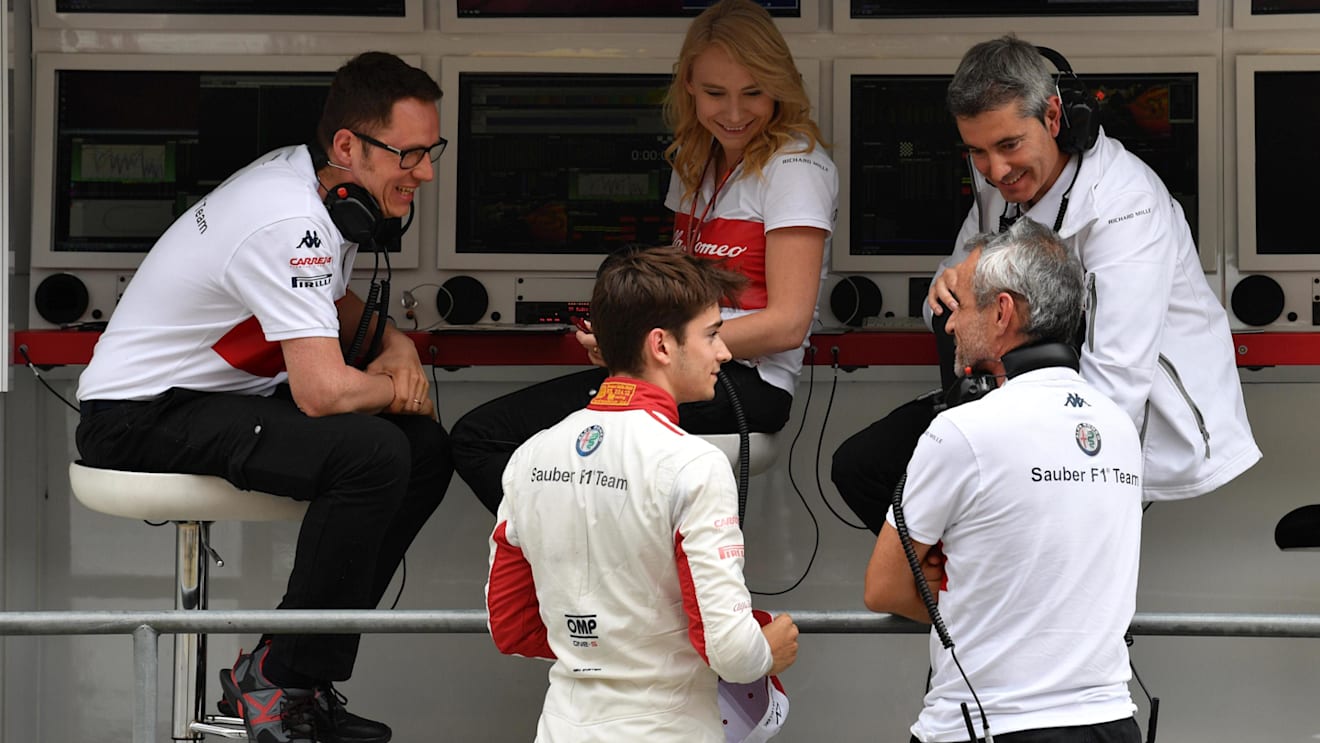 Charles Leclerc (MON) Alfa Romeo Sauber F1 Team talks with Beat Zehnder (SUI) Alfa Romeo Sauber F1 Team Manager, Xevi Pujolar (ESP) Alfa Romeo Sauber F1 Team Head of Track Engineering and Ruth Buscombe (GBR) Alfa Romeo Sauber F1 Team Race Strategist at Formula One World Championship, Rd5, Spanish Grand Prix, Qualifying, Barcelona, Spain, Saturday 12 May 2018. © Mark Sutton/Sutton Images