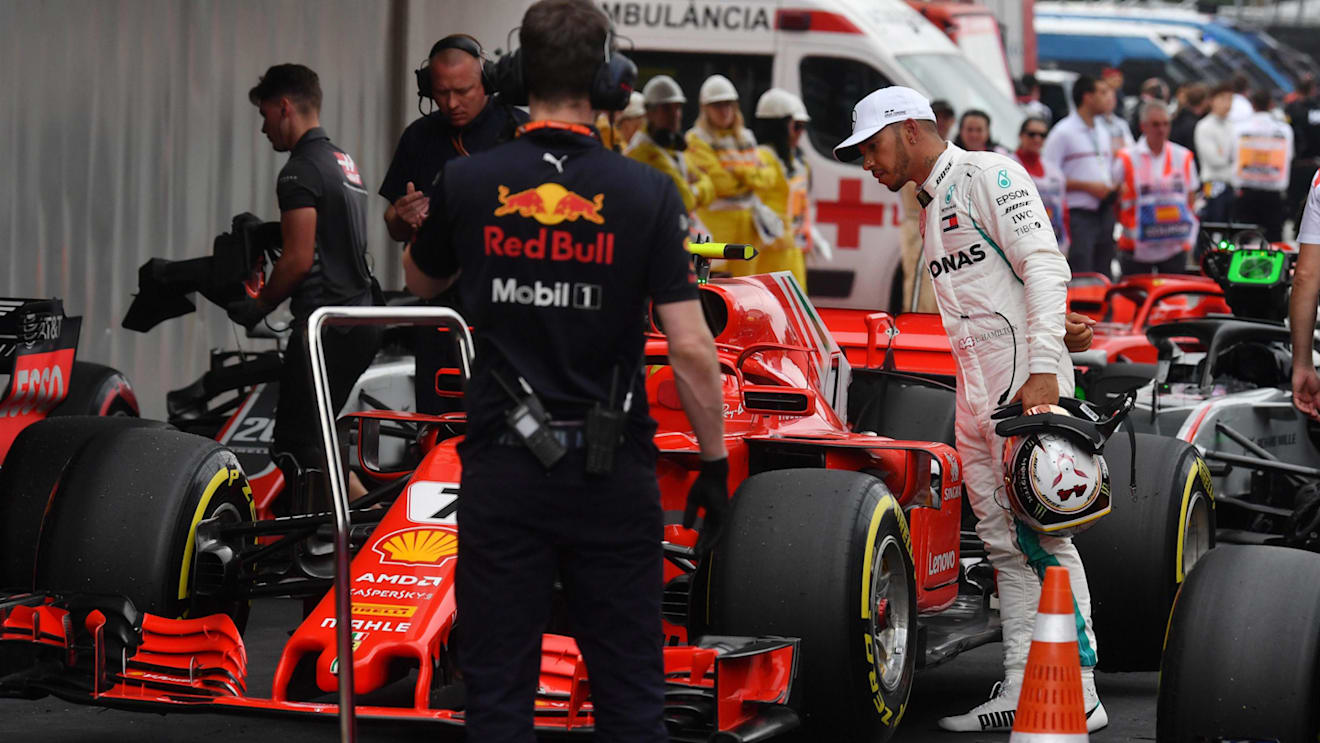Pole sitter Lewis Hamilton (GBR) Mercedes-AMG F1 looks the the Ferrari SF-71H at Formula One World Championship, Rd5, Spanish Grand Prix, Qualifying, Barcelona, Spain, Saturday 12 May 2018. © Mark Sutton/Sutton Images