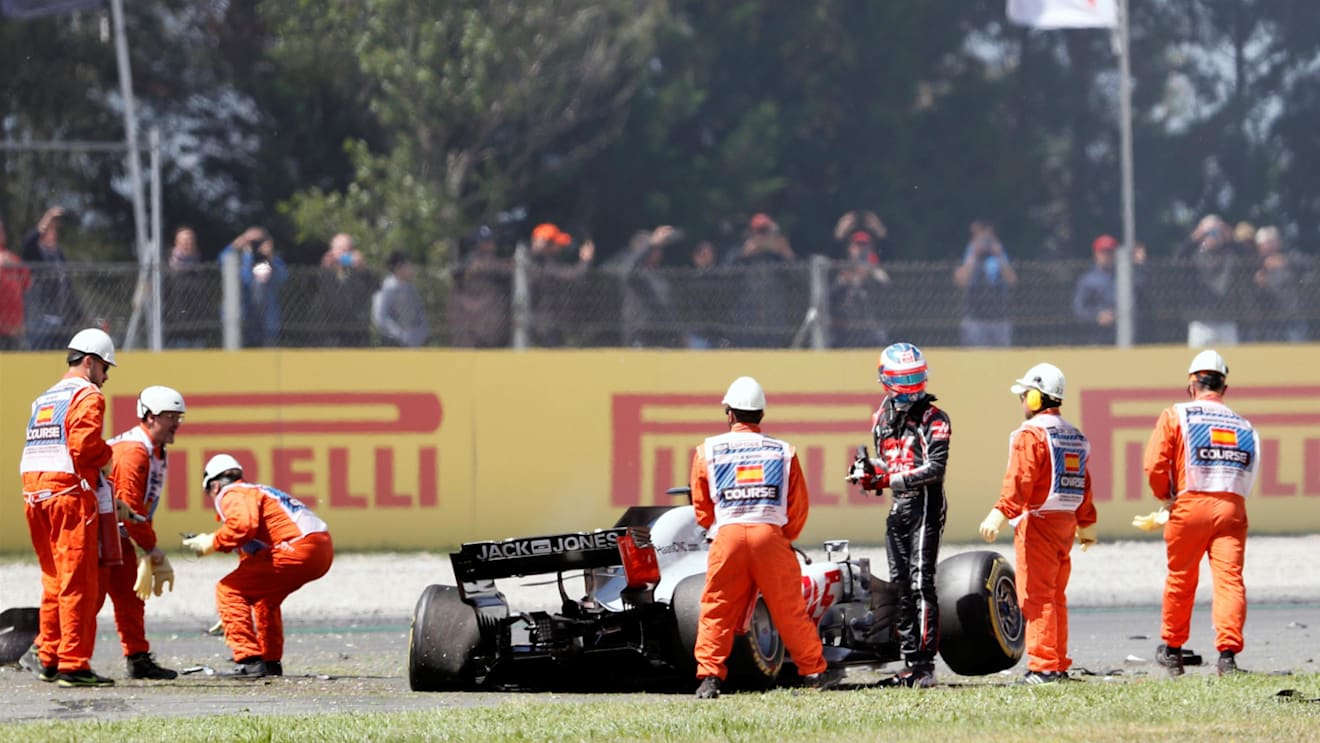 Romain Grosjean (FRA) Haas VF-18 crashed on lap one at Formula One World Championship, Rd5, Spanish Grand Prix, Race, Barcelona, Spain, Sunday 13 May 2018. © Zak Mauger/LAT/Sutton Images