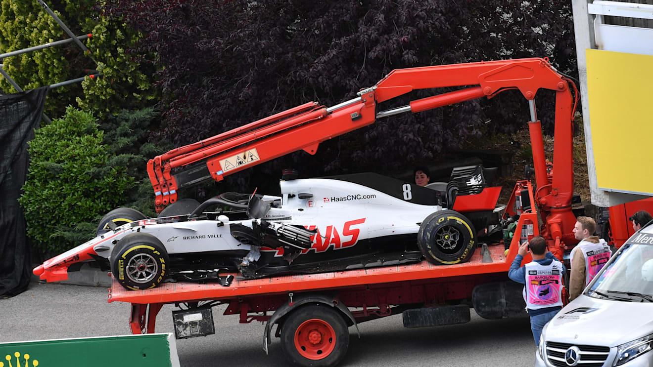 THe crashed car of race retiree Romain Grosjean (FRA) Haas VF-18 at Formula One World Championship, Rd5, Spanish Grand Prix, Race, Barcelona, Spain, Sunday 13 May 2018. © Jerry Andre/Sutton Images