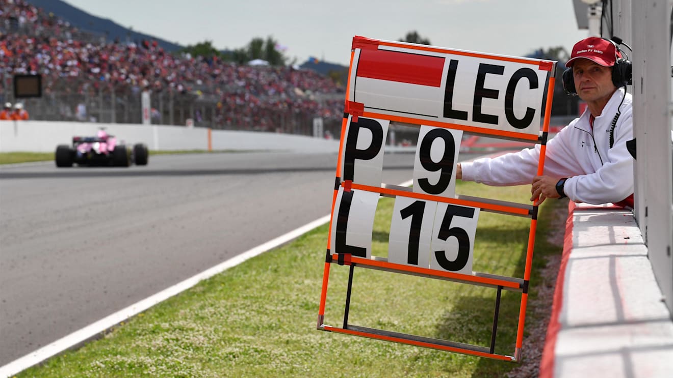Pit board for Charles Leclerc (MON) Alfa Romeo Sauber C37 at Formula One World Championship, Rd5, Spanish Grand Prix, Race, Barcelona, Spain, Sunday 13 May 2018. © Mark Sutton/Sutton Images