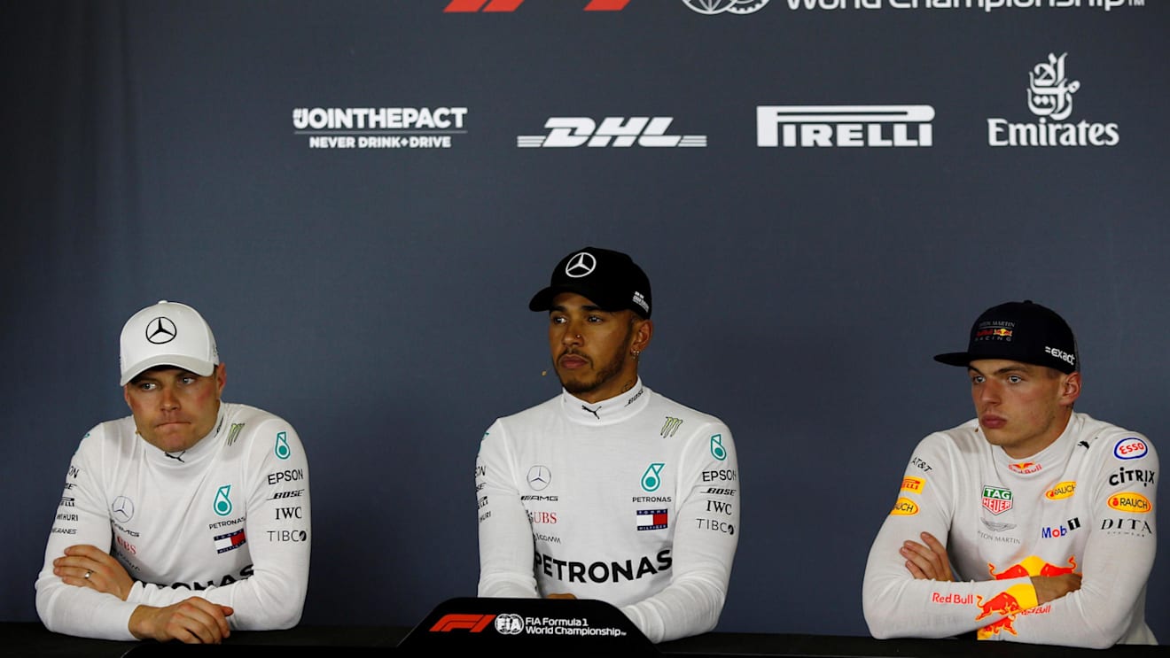 Valtteri Bottas (FIN) Mercedes-AMG F1, Lewis Hamilton (GBR) Mercedes-AMG F1 and Max Verstappen (NED) Red Bull Racing in the Press Conference at Formula One World Championship, Rd5, Spanish Grand Prix, Race, Barcelona, Spain, Sunday 13 May 2018. © Manuel Goria/Sutton Images