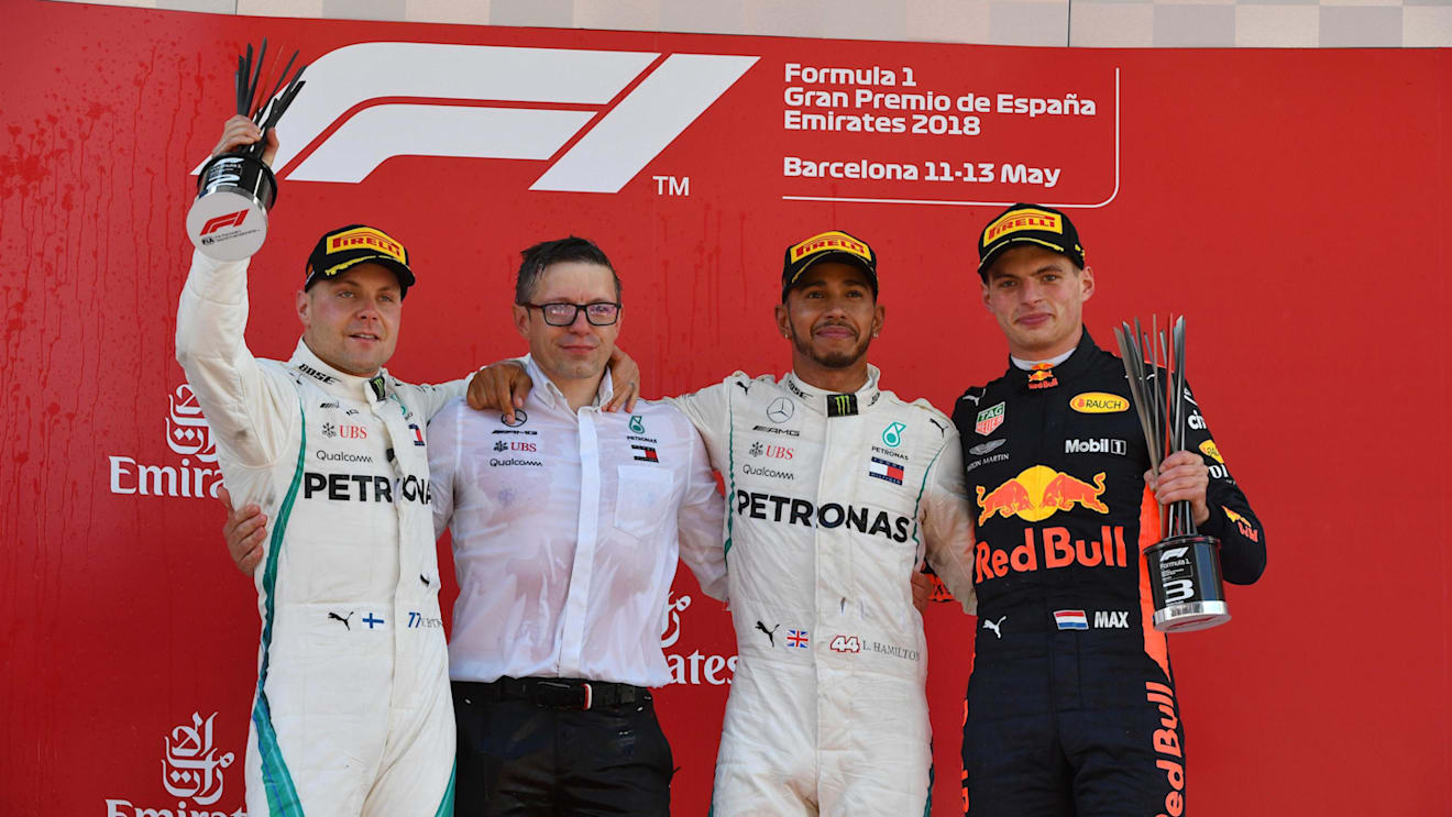 (L to R): Bonnington (GBR) Mercedes AMG F1 Race Engineer, Valtteri Bottas (FIN) Mercedes-AMG F1, Lewis Hamilton (GBR) Mercedes-AMG F1 and Max Verstappen (NED) Red Bull Racing on the podium at Formula One World Championship, Rd5, Spanish Grand Prix, Race, Barcelona, Spain, Sunday 13 May 2018. © Mark Sutton/Sutton Images