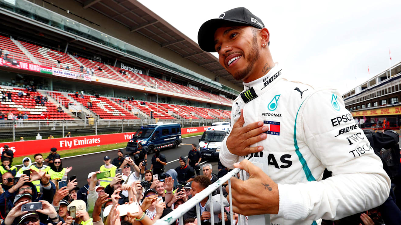 Race winner Lewis Hamilton (GBR) Mercedes-AMG F1 celebrates with the fans at Formula One World Championship, Rd5, Spanish Grand Prix, Race, Barcelona, Spain, Sunday 13 May 2018. © Sam Bloxham/LAT/Sutton Images