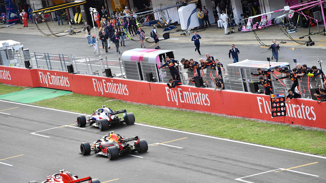 Sebastian Vettel (GER) Ferrari SF-71H, Max Verstappen (NED) Red Bull Racing RB14 and Brendon Hartley (NZL) Scuderia Toro Rosso STR13 cross the line at Formula One World Championship, Rd5, Spanish Grand Prix, Race, Barcelona, Spain, Sunday 13 May 2018. © Jerry Andre/Sutton Images
