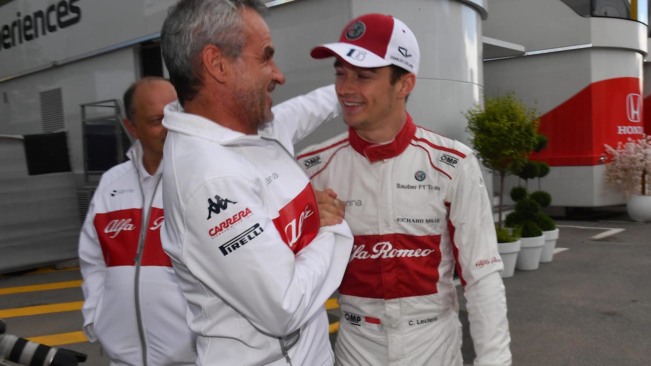 Charles Leclerc (MON) Alfa Romeo Sauber F1 Team celebrates tenth place with Beat Zehnder (SUI) Alfa Romeo Sauber F1 Team Manager at Formula One World Championship, Rd5, Spanish Grand Prix, Race, Barcelona, Spain, Sunday 13 May 2018. © Mark Sutton/Sutton Images