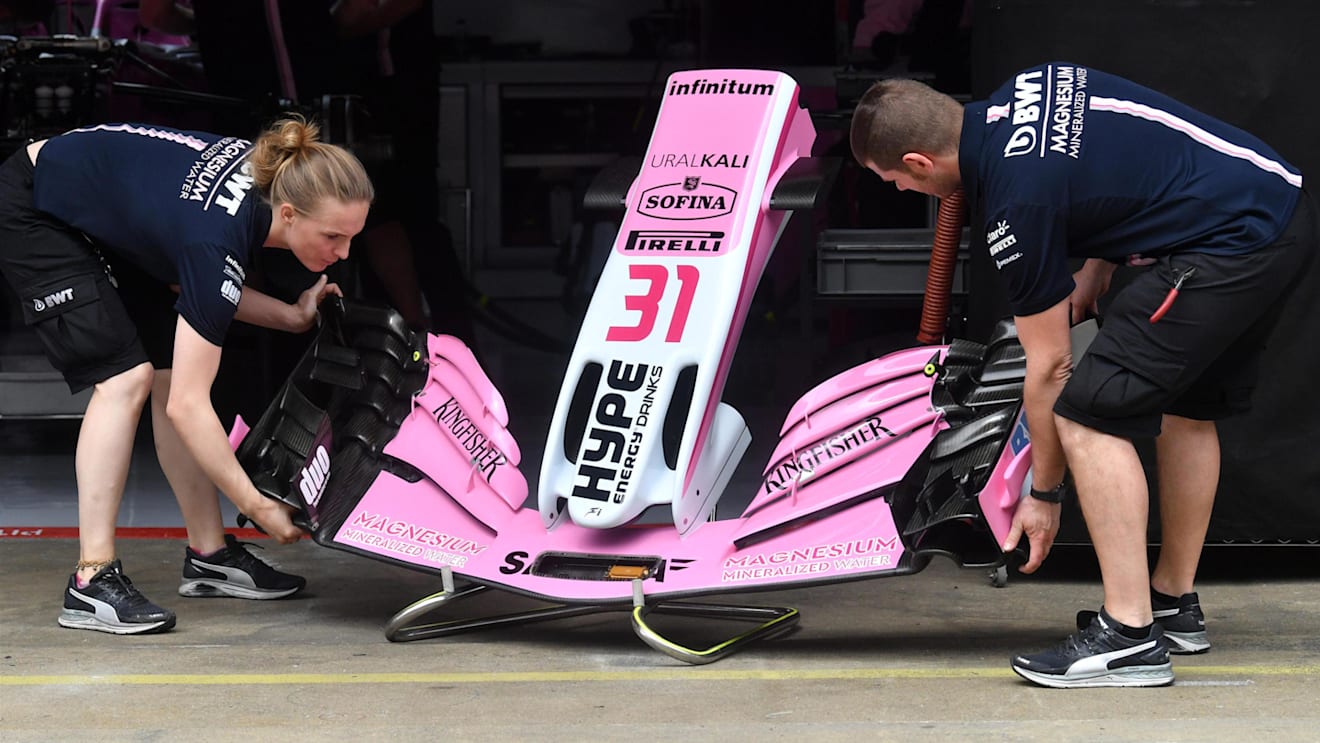 Force India VJM11 nose and front wing at Formula One World Championship, Rd5, Spanish Grand Prix, Preparations, Barcelona, Spain, Thursday 10 May 2018. © Mark Sutton/Sutton Images