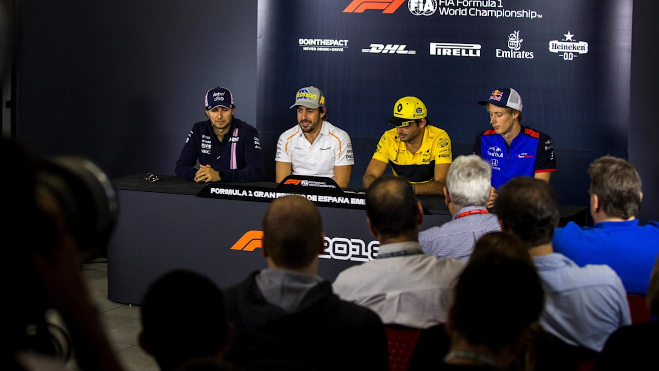 Sergio Perez (MEX) Force India, Fernando Alonso (ESP) McLaren, Carlos Sainz jr (ESP) Renault Sport F1 Team and Brendon Hartley (NZL) Scuderia Toro Rosso in the Press Conference at Formula One World Championship, Rd5, Spanish Grand Prix, Preparations, Barcelona, Spain, Thursday 10 May 2018. © Manuel Goria/Sutton Images