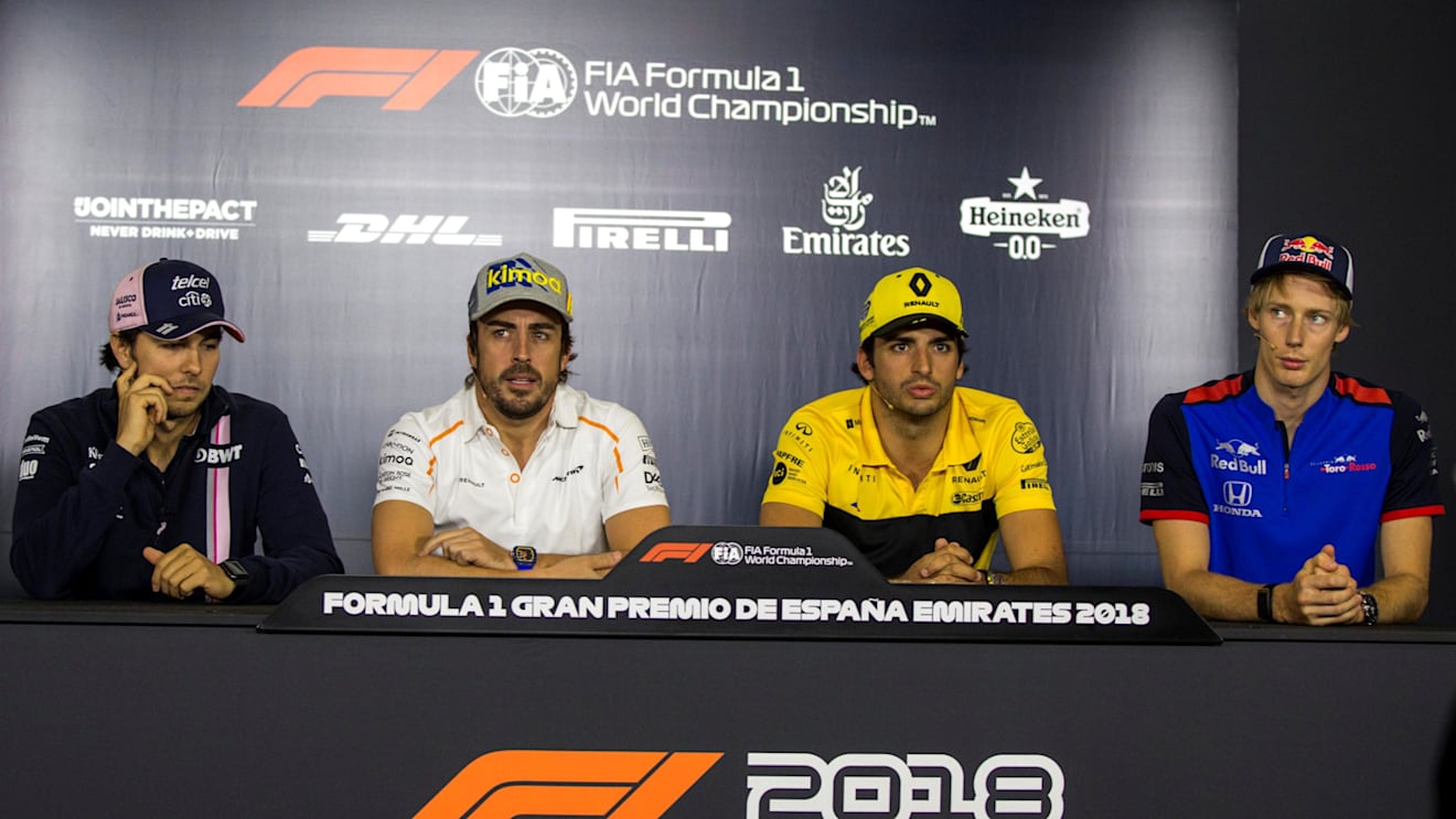 Sergio Perez (MEX) Force India, Fernando Alonso (ESP) McLaren, Carlos Sainz jr (ESP) Renault Sport F1 Team and Brendon Hartley (NZL) Scuderia Toro Rosso in the Press Conference at Formula One World Championship, Rd5, Spanish Grand Prix, Preparations, Barcelona, Spain, Thursday 10 May 2018. © Manuel Goria/Sutton Images