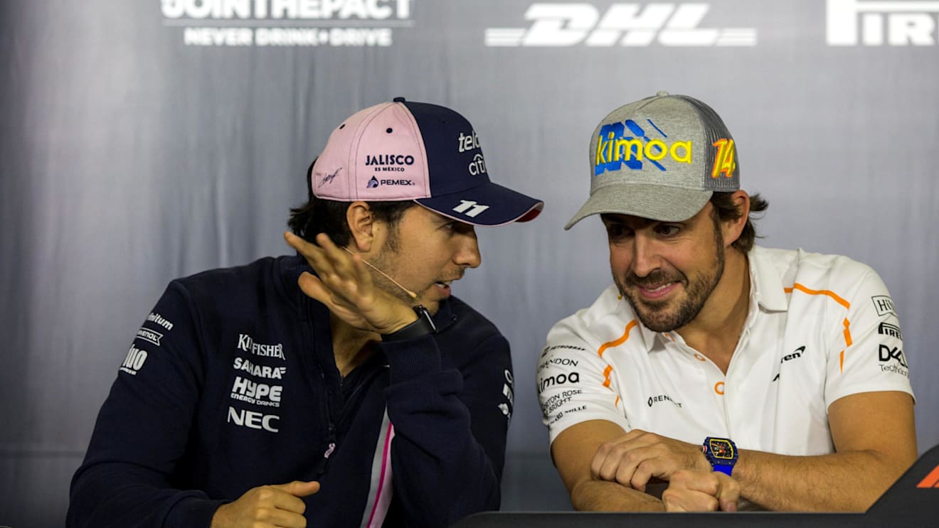 Sergio Perez (MEX) Force India and Fernando Alonso (ESP) McLaren in the Press Conference at Formula One World Championship, Rd5, Spanish Grand Prix, Preparations, Barcelona, Spain, Thursday 10 May 2018. © Manuel Goria/Sutton Images