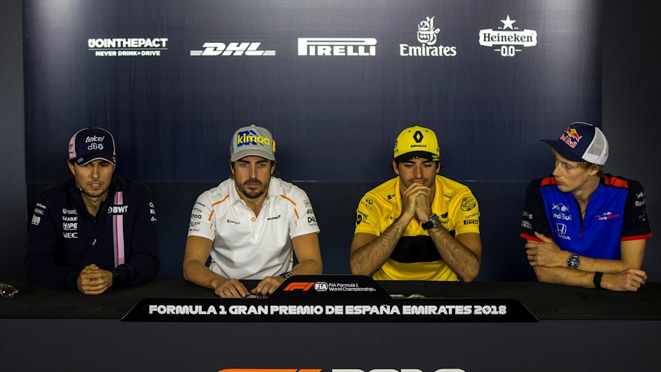 Perez (MEX) Force India, Alonso (ESP) McLaren, Sainz jr (ESP) Renault Sport F1 Team and Hartley (NZL) Scuderia Toro Rosso at F1 World Championship, Rd5, Spanish Grand Prix, Preparations, Barcelona, Spain, Thursday 10 May 2018. © Manuel Goria/Sutton Images