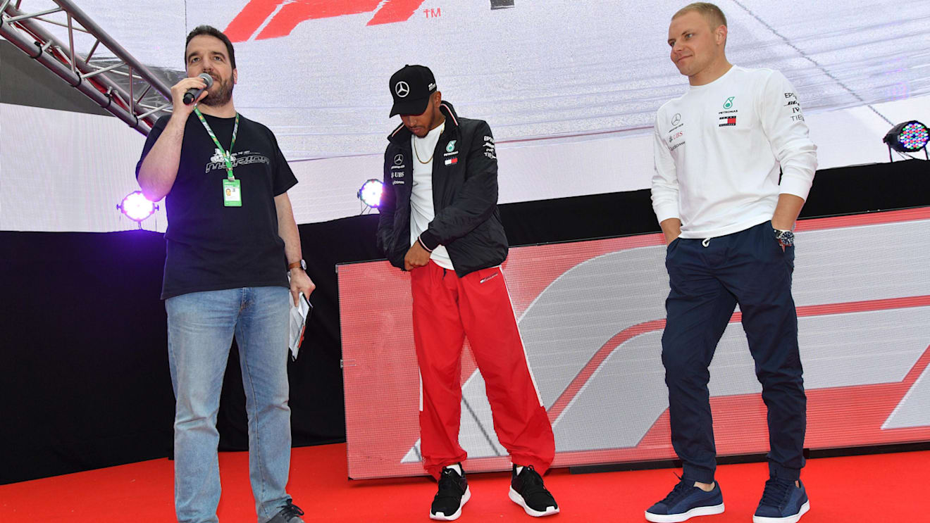 Lewis Hamilton (GBR) Mercedes-AMG F1 and Valtteri Bottas (FIN) Mercedes-AMG F1 on stage at Formula One World Championship, Rd5, Spanish Grand Prix, Preparations, Barcelona, Spain, Thursday 10 May 2018. © Jerry Andre/Sutton Images