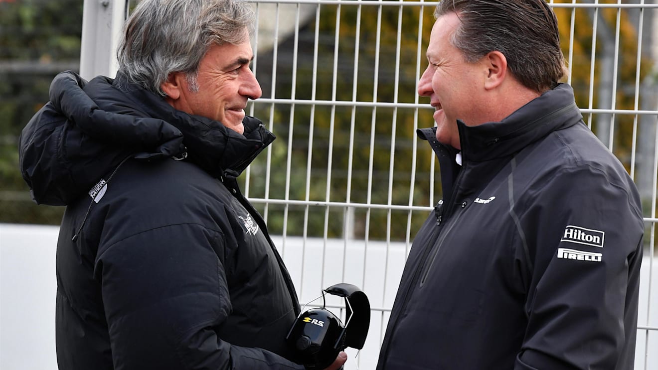 Carlos Sainz (ESP) and Zak Brown (USA) McLaren Executive Director at Formula One Testing, Day Two, Barcelona, Spain, 27 February 2018. © Mark Sutton/Sutton Images