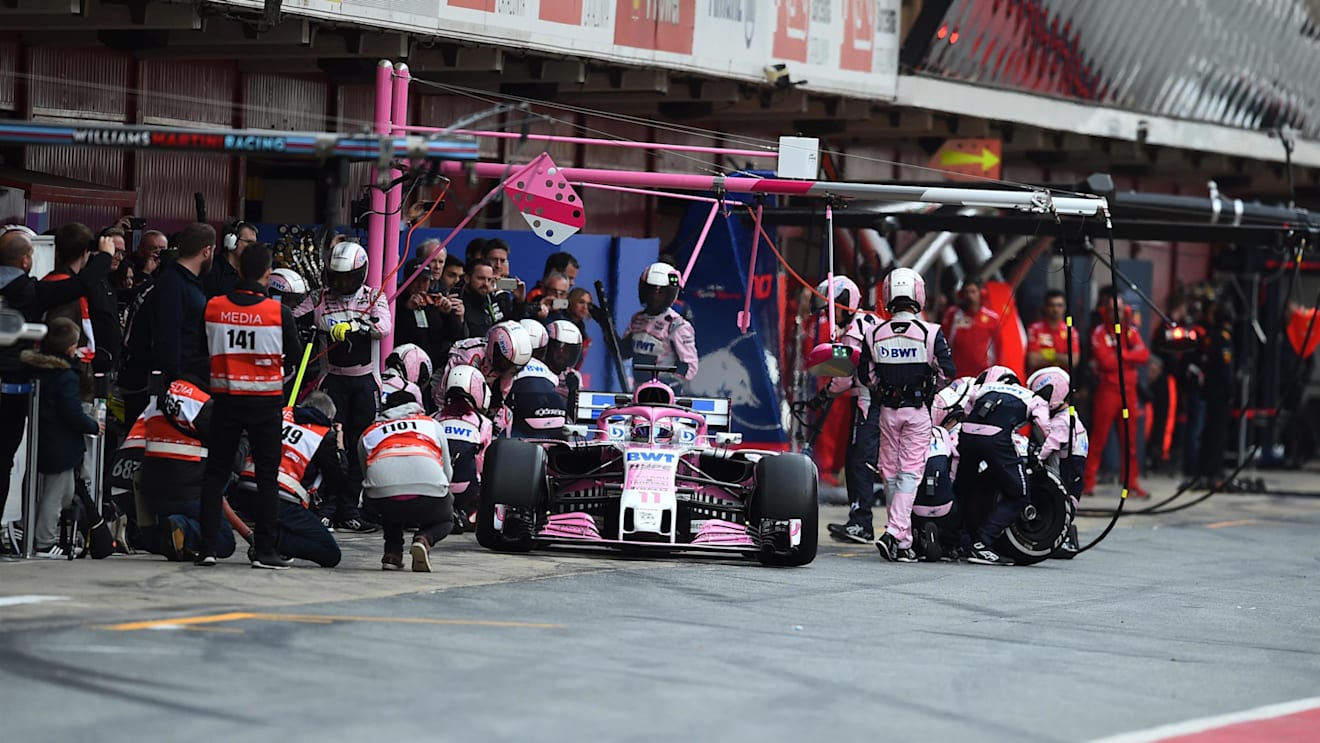 Sergio Perez (MEX) Force India VJM11 pit stop at Formula One Testing, Day Three, Barcelona, Spain, 8 March 2018. © Jerry Andre/Sutton Images