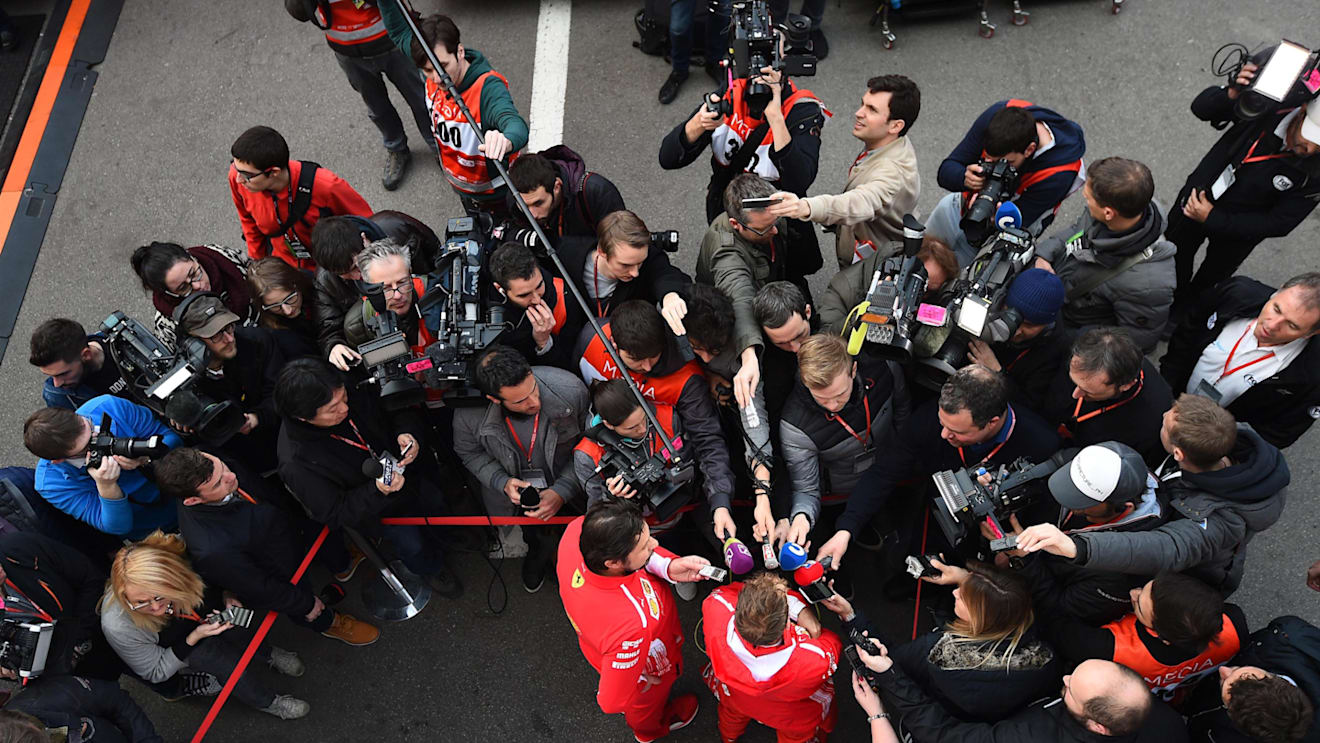 Sebastian Vettel (GER) Ferrari talks with the media at Formula One Testing, Day Three, Barcelona, Spain, 8 March 2018. © Jerry Andre/Sutton Images