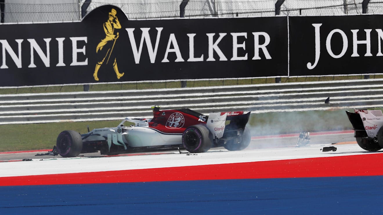 Charles Leclerc, Alfa Romeo Sauber C37 and Marcus Ericsson, Alfa Romeo Sauber C37 clash on lap one at Formula One World Championship, Rd18, United States Grand Prix, Race, Circuit of the Americas, Austin, Texas, USA, Sunday 21 October 2018.