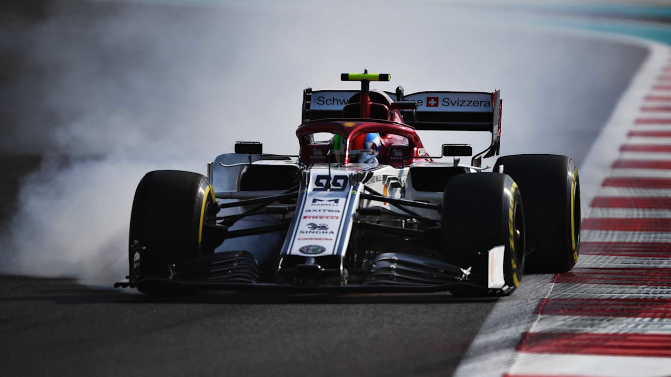 ABU DHABI, UNITED ARAB EMIRATES - NOVEMBER 30: Antonio Giovinazzi of Italy driving the (99) Alfa Romeo Racing C38 Ferrari locks a wheel under braking during final practice for the F1 Grand Prix of Abu Dhabi at Yas Marina Circuit on November 30, 2019 in Abu Dhabi, United Arab Emirates. (Photo by Clive Mason/Getty Images)
