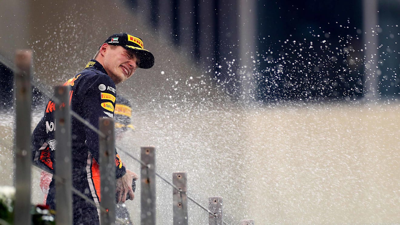 ABU DHABI, UNITED ARAB EMIRATES - DECEMBER 01: Second placed Max Verstappen of Netherlands and Red Bull Racing celebrates on the podium during the F1 Grand Prix of Abu Dhabi at Yas Marina Circuit on December 01, 2019 in Abu Dhabi, United Arab Emirates. (Photo by Mark Thompson/Getty Images)