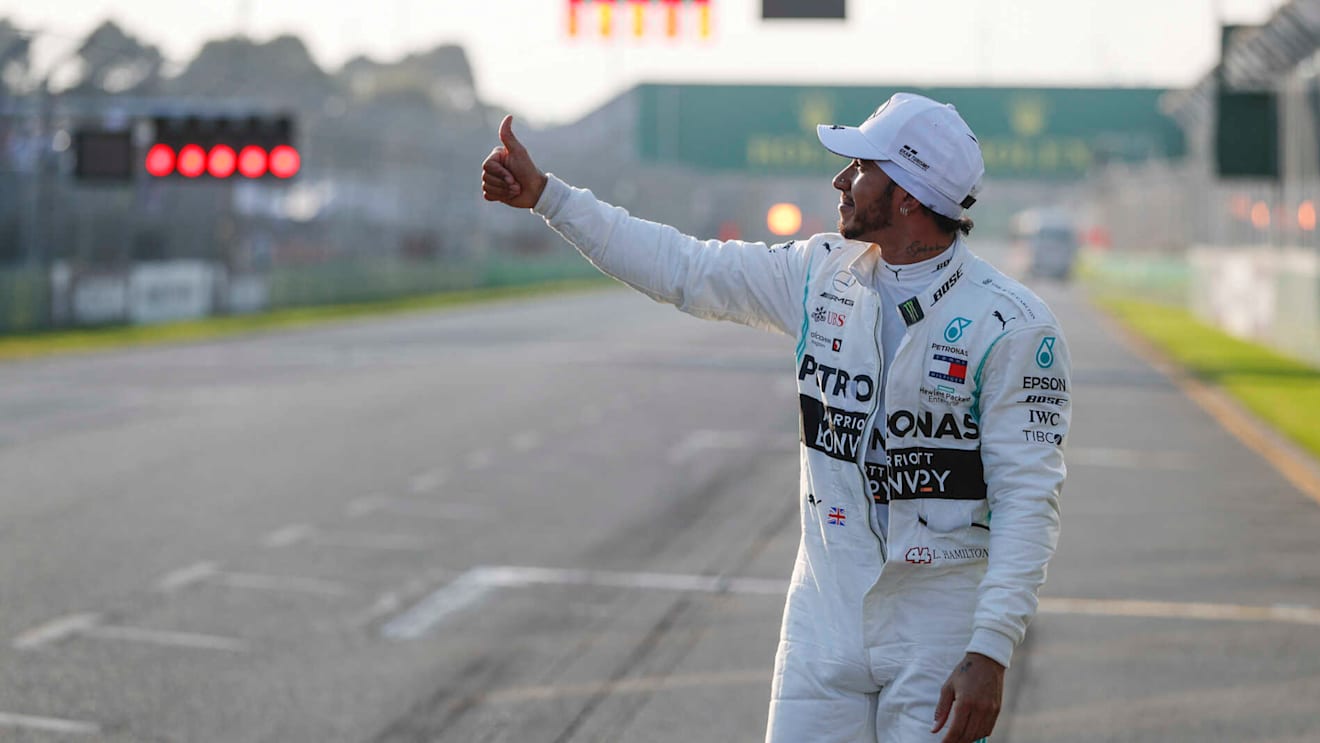 MELBOURNE GRAND PRIX CIRCUIT, AUSTRALIA - MARCH 16: Pole Sitter celebrates Lewis Hamilton, Mercedes AMG F1 in Parc Ferme during the Australian GP at Melbourne Grand Prix Circuit on March 16, 2019 in Melbourne Grand Prix Circuit, Australia. (Photo by Steven Tee / LAT Images)