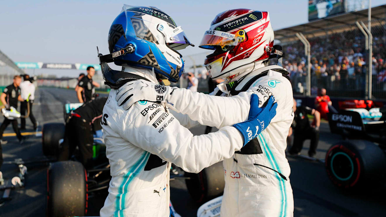 MELBOURNE GRAND PRIX CIRCUIT, AUSTRALIA - MARCH 16: Pole Sitter Lewis Hamilton, Mercedes AMG F1 and Valtteri Bottas, Mercedes AMG F1 in Parc Ferme during the Australian GP at Melbourne Grand Prix Circuit on March 16, 2019 in Melbourne Grand Prix Circuit, Australia. (Photo by Steven Tee / LAT Images)
