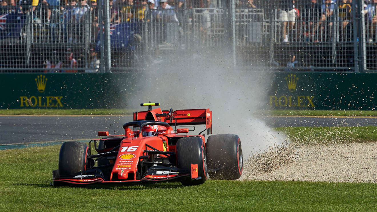 MELBOURNE GRAND PRIX CIRCUIT, AUSTRALIA - MARCH 17: Charles Leclerc, Ferrari SF90, cuts across the grass during the Australian GP at Melbourne Grand Prix Circuit on March 17, 2019 in Melbourne Grand Prix Circuit, Australia. (Photo by LAT Images)