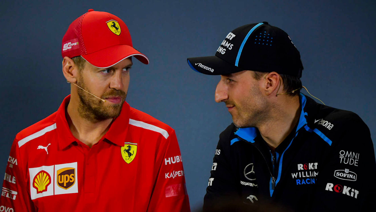 MELBOURNE GRAND PRIX CIRCUIT, AUSTRALIA - MARCH 14: Sebastian Vettel, Ferrari and Robert Kubica, Williams Racing in Press Conference during the Australian GP at Melbourne Grand Prix Circuit on March 14, 2019 in Melbourne Grand Prix Circuit, Australia. (Photo by Jerry Andre / Sutton Images)