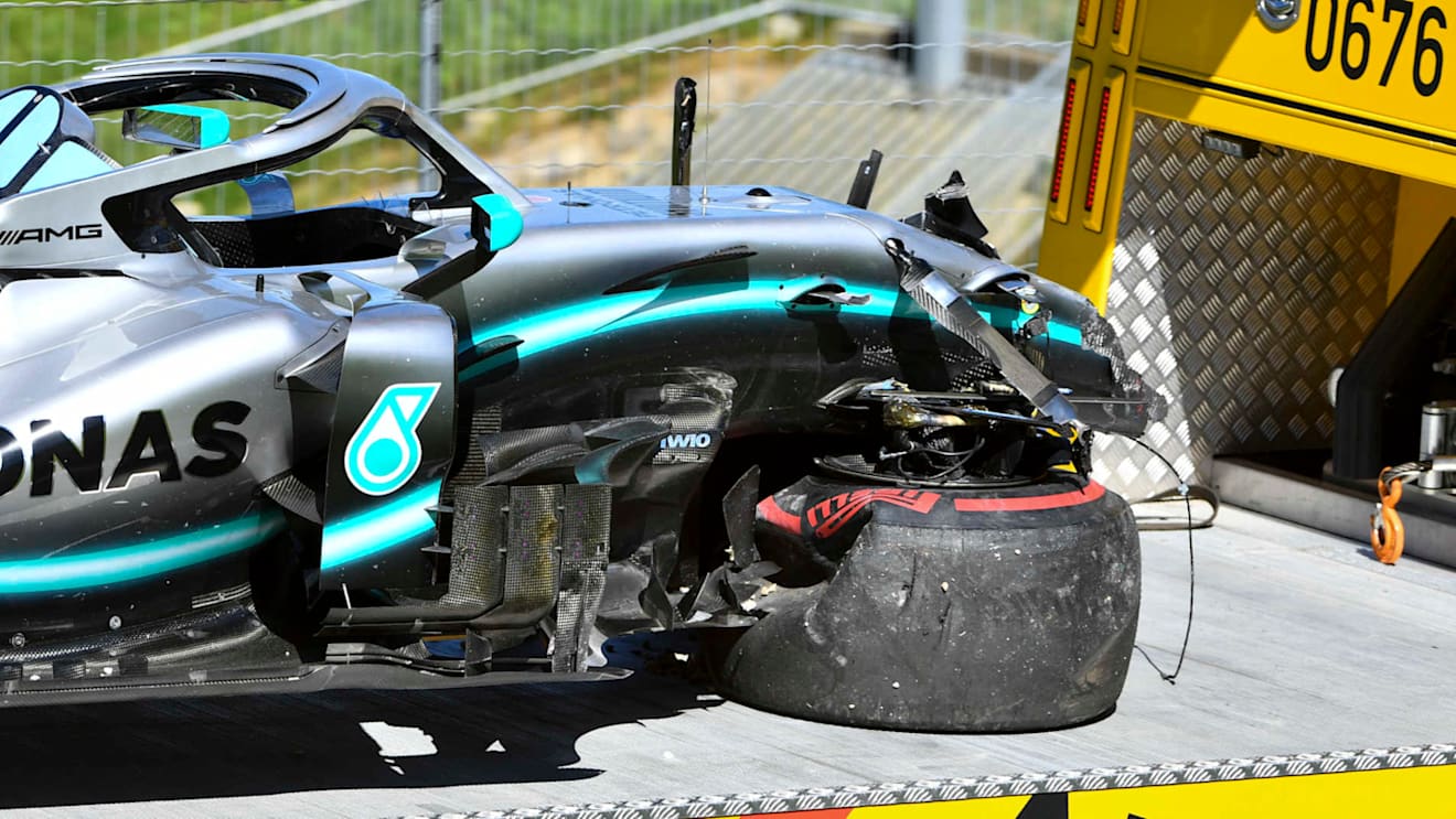 RED BULL RING, AUSTRIA - JUNE 28: The damaged car of Valtteri Bottas, Mercedes AMG W10, on a flat bed truck after his crash at turn 6 during the Austrian GP at Red Bull Ring on June 28, 2019 in Red Bull Ring, Austria. (Photo by Mark Sutton / Sutton Images)