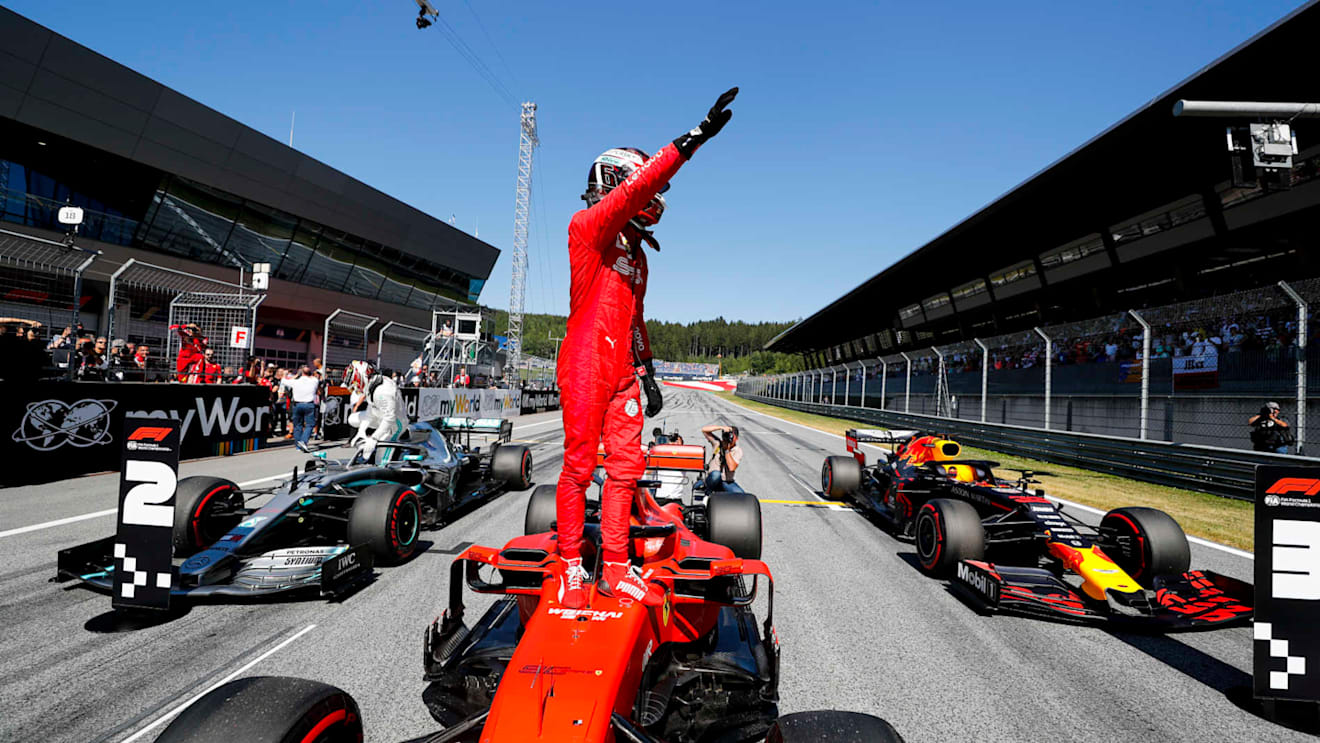 RED BULL RING, AUSTRIA - JUNE 29: Pole Sitter Charles Leclerc, Ferrari celebrates in Parc Ferme during the Austrian GP at Red Bull Ring on June 29, 2019 in Red Bull Ring, Austria. (Photo by Steven Tee / LAT Images)