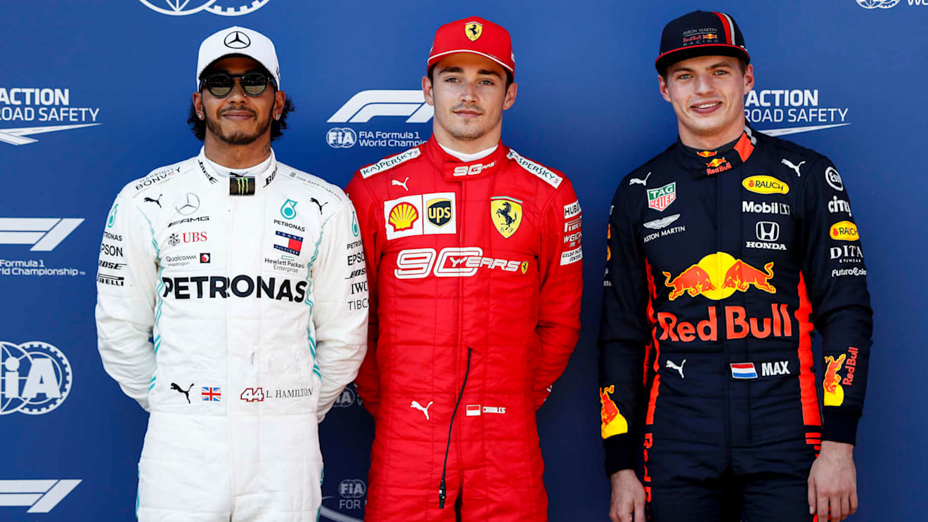 RED BULL RING, AUSTRIA - JUNE 29: Lewis Hamilton, Mercedes AMG F1, Pole Sitter Charles Leclerc, Ferrari and Max Verstappen, Red Bull Racing in Parc Ferme during the Austrian GP at Red Bull Ring on June 29, 2019 in Red Bull Ring, Austria. (Photo by Glenn Dunbar / LAT Images)