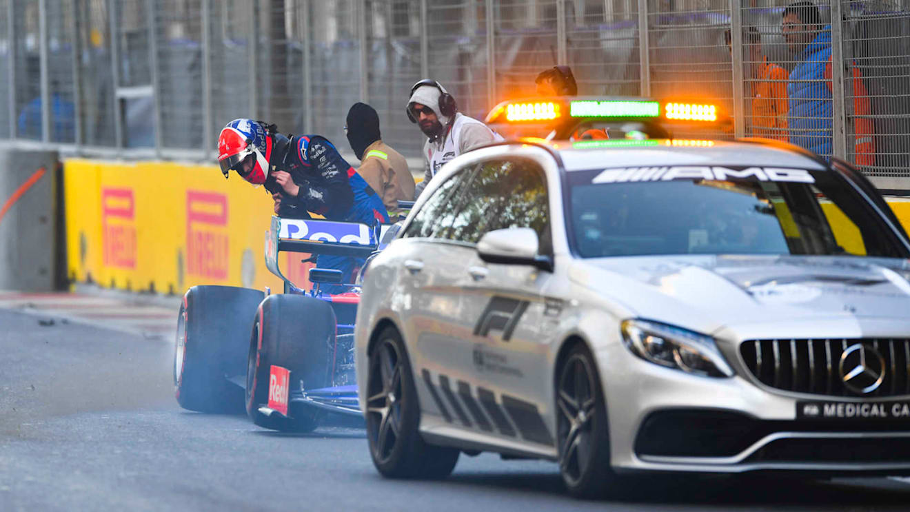BAKU CITY CIRCUIT, AZERBAIJAN - APRIL 26: Daniil Kvyat, Toro Rosso STR14, climbs out of his car after a crash during FP2 during the Azerbaijan GP at Baku City Circuit on April 26, 2019 in Baku City Circuit, Azerbaijan. (Photo by Simon Galloway / Sutton Images)