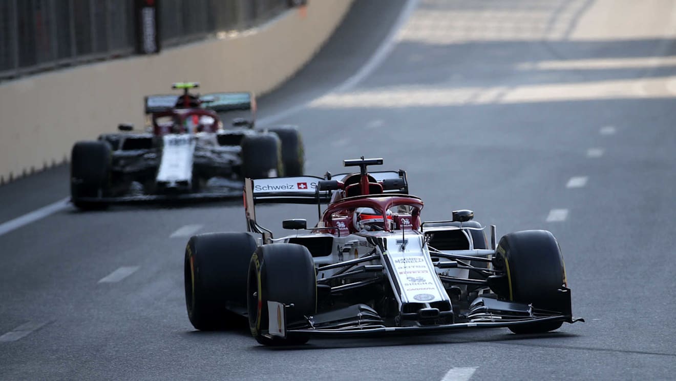 BAKU CITY CIRCUIT, AZERBAIJAN - APRIL 26: Kimi Raikkonen, Alfa Romeo Racing C38, leads Antonio Giovinazzi, Alfa Romeo Racing C38 during the Azerbaijan GP at Baku City Circuit on April 26, 2019 in Baku City Circuit, Azerbaijan. (Photo by Hasan Bratic / Sutton Images)