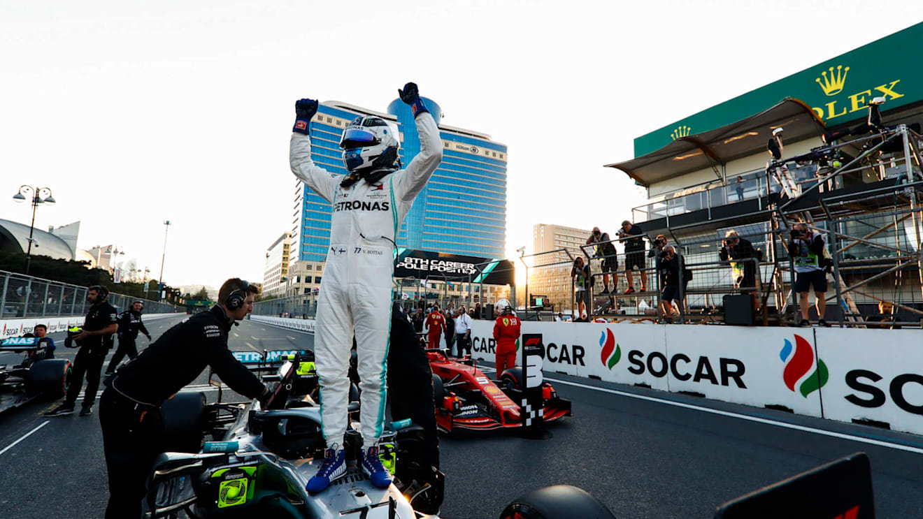 BAKU CITY CIRCUIT, AZERBAIJAN - APRIL 27: Pole Sitter Valtteri Bottas, Mercedes AMG F1 celebrates in Parc Ferme during the Azerbaijan GP at Baku City Circuit on April 27, 2019 in Baku City Circuit, Azerbaijan. (Photo by Glenn Dunbar / LAT Images)
