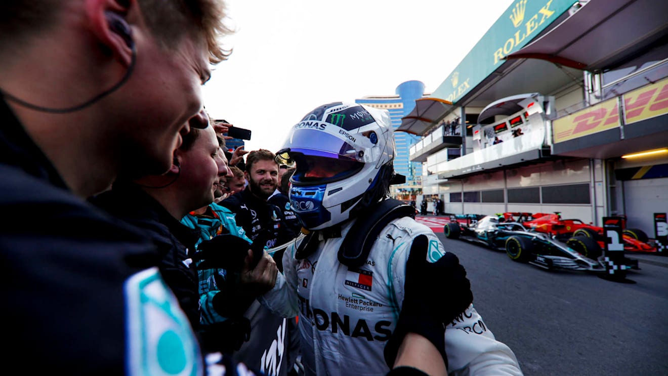 BAKU CITY CIRCUIT, AZERBAIJAN - APRIL 28: Race Winner Valtteri Bottas, Mercedes AMG F1 celebrates in Parc Ferme during the Azerbaijan GP at Baku City Circuit on April 28, 2019 in Baku City Circuit, Azerbaijan. (Photo by Glenn Dunbar / LAT Images)