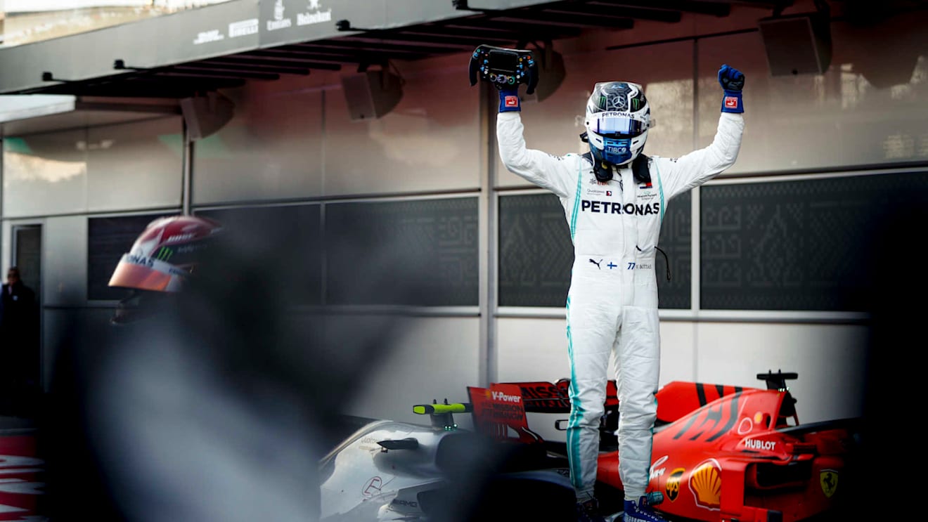 BAKU CITY CIRCUIT, AZERBAIJAN - APRIL 28: Valtteri Bottas, Mercedes AMG F1 celebrates in Parc Ferme during the Azerbaijan GP at Baku City Circuit on April 28, 2019 in Baku City Circuit, Azerbaijan. (Photo by Glenn Dunbar / LAT Images)