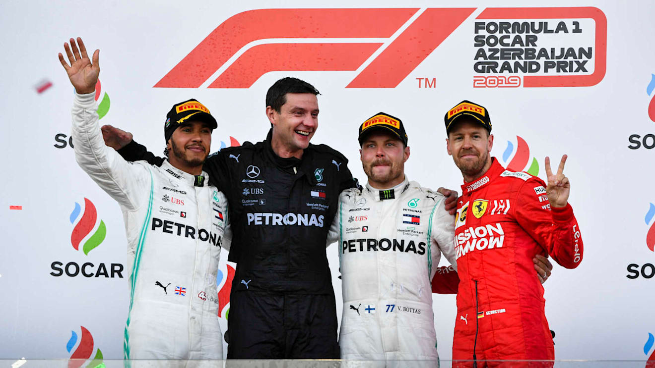 BAKU CITY CIRCUIT, AZERBAIJAN - APRIL 28: Lewis Hamilton, Mercedes AMG F1, Race Winner Valtteri Bottas, Mercedes AMG F1 and Sebastian Vettel, Ferrari celebrate on the podium during the Azerbaijan GP at Baku City Circuit on April 28, 2019 in Baku City Circuit, Azerbaijan. (Photo by Mark Sutton / Sutton Images)
