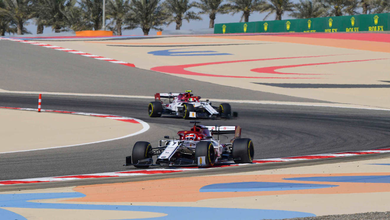 BAHRAIN INTERNATIONAL CIRCUIT, BAHRAIN - MARCH 29: Kimi Raikkonen, Alfa Romeo Racing C38, leads Antonio Giovinazzi, Alfa Romeo Racing C38 during the Bahrain GP at Bahrain International Circuit on March 29, 2019 in Bahrain International Circuit, Bahrain. (Photo by Jerry Andre / Sutton Images)