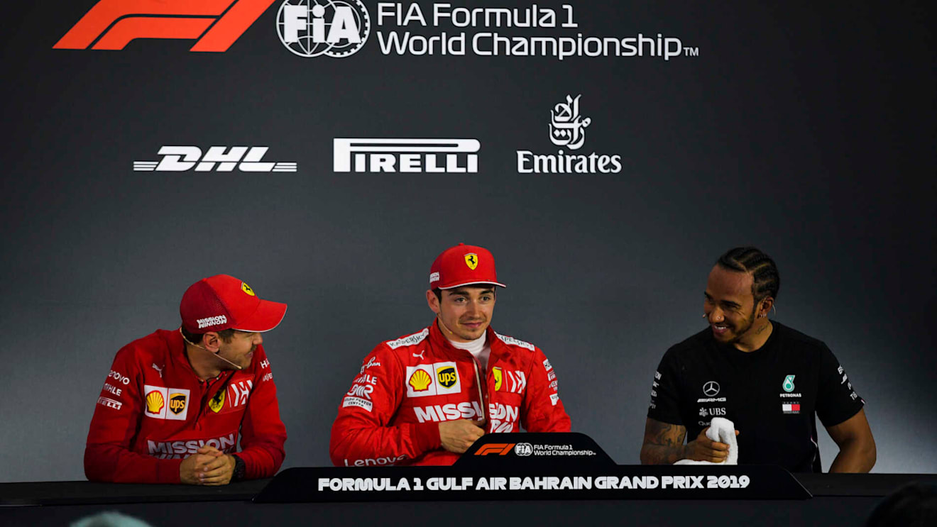 BAHRAIN INTERNATIONAL CIRCUIT, BAHRAIN - MARCH 30: Sebastian Vettel, Ferrari, Charles Leclerc, Ferrari, and Lewis Hamilton, Mercedes AMG F1, in the post Qualifying Press Conference during the Bahrain GP at Bahrain International Circuit on March 30, 2019 in Bahrain International Circuit, Bahrain. (Photo by Simon Galloway / Sutton Images)