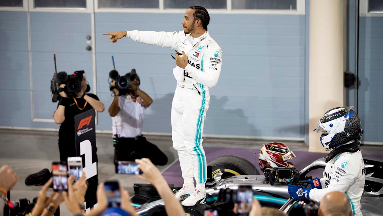BAHRAIN INTERNATIONAL CIRCUIT, BAHRAIN - MARCH 31: Lewis Hamilton, Mercedes AMG F1, 1st position, celebrates at the end of the race during the Bahrain GP at Bahrain International Circuit on March 31, 2019 in Bahrain International Circuit, Bahrain. (Photo by Glenn Dunbar / LAT Images)