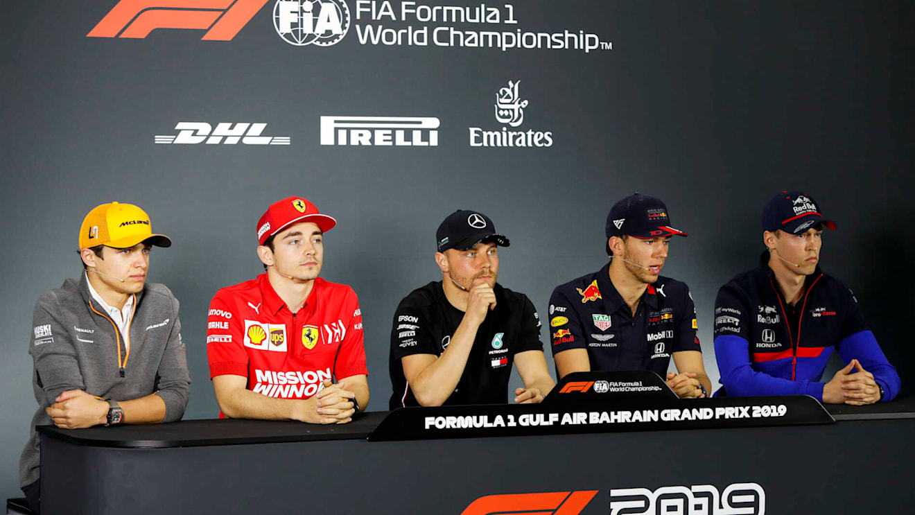 BAHRAIN INTERNATIONAL CIRCUIT, BAHRAIN - MARCH 28: Lando Norris, McLaren, Charles Leclerc, Ferrari, Valtteri Bottas, Mercedes AMG F1, Pierre Gasly, Red Bull Racing and Daniil Kvyat, Toro Rosso in the Press Conference during the Bahrain GP at Bahrain International Circuit on March 28, 2019 in Bahrain International Circuit, Bahrain. (Photo by Zak Mauger / LAT Images)