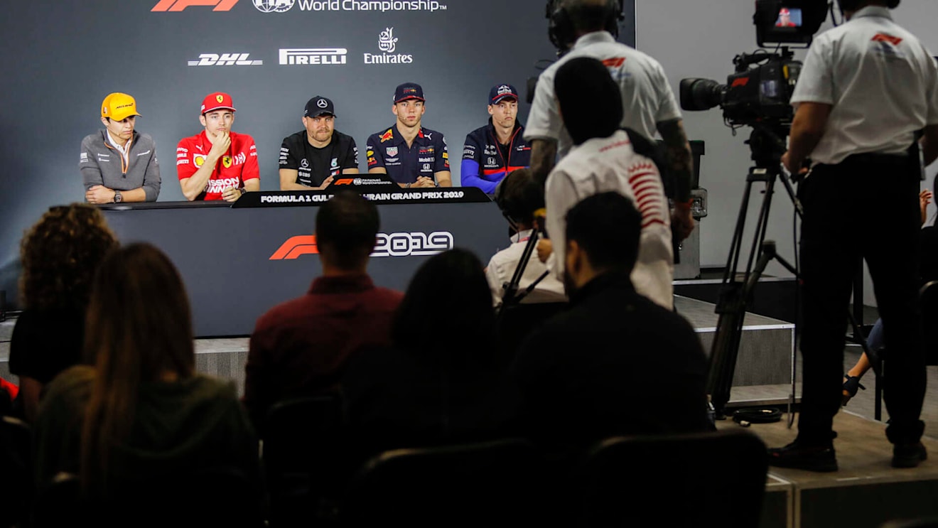 BAHRAIN INTERNATIONAL CIRCUIT, BAHRAIN - MARCH 28: Lando Norris, McLaren, Charles Leclerc, Ferrari, Valtteri Bottas, Mercedes AMG F1, Pierre Gasly, Red Bull Racing and Daniil Kvyat, Toro Rosso in Press Conference during the Bahrain GP at Bahrain International Circuit on March 28, 2019 in Bahrain International Circuit, Bahrain. (Photo by Zak Mauger / LAT Images)