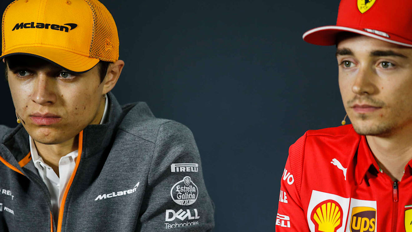 BAHRAIN INTERNATIONAL CIRCUIT, BAHRAIN - MARCH 28: Lando Norris, McLaren and Charles Leclerc, Ferrari in Press Conference during the Bahrain GP at Bahrain International Circuit on March 28, 2019 in Bahrain International Circuit, Bahrain. (Photo by Zak Mauger / LAT Images)