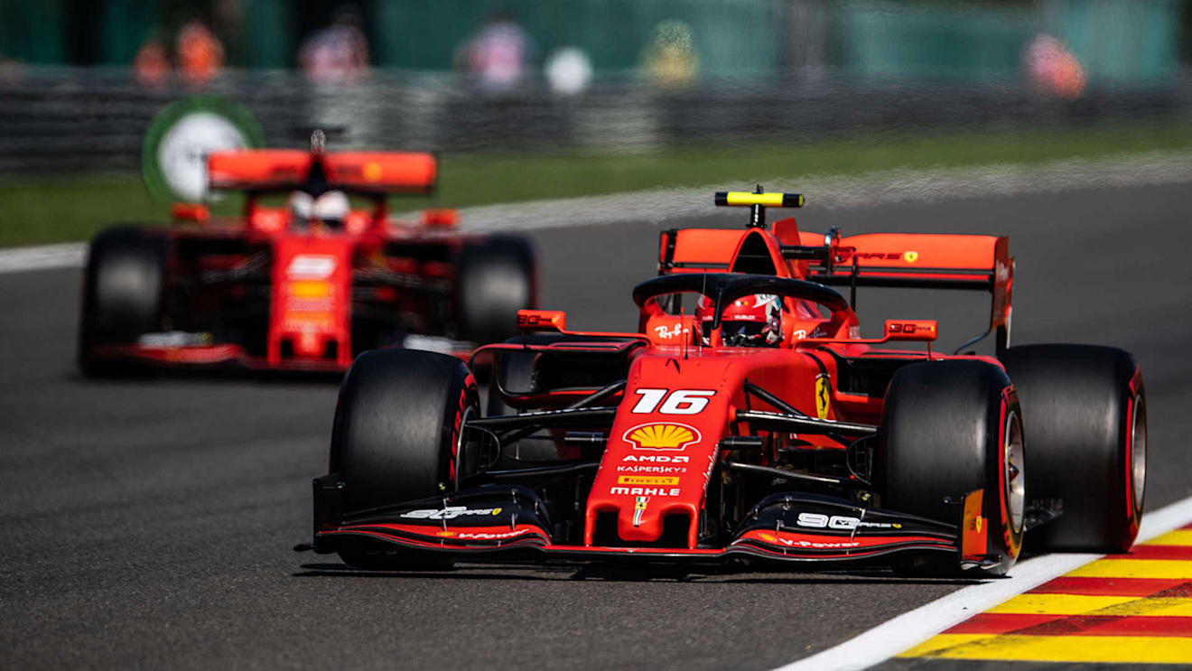 SPA-FRANCORCHAMPS, BELGIUM - AUGUST 31: Charles Leclerc, Ferrari SF90, leads Sebastian Vettel, Ferrari SF90 during the Belgian GP at Spa-Francorchamps on August 31, 2019 in Spa-Francorchamps, Belgium. (Photo by Simon Galloway / Sutton Images)