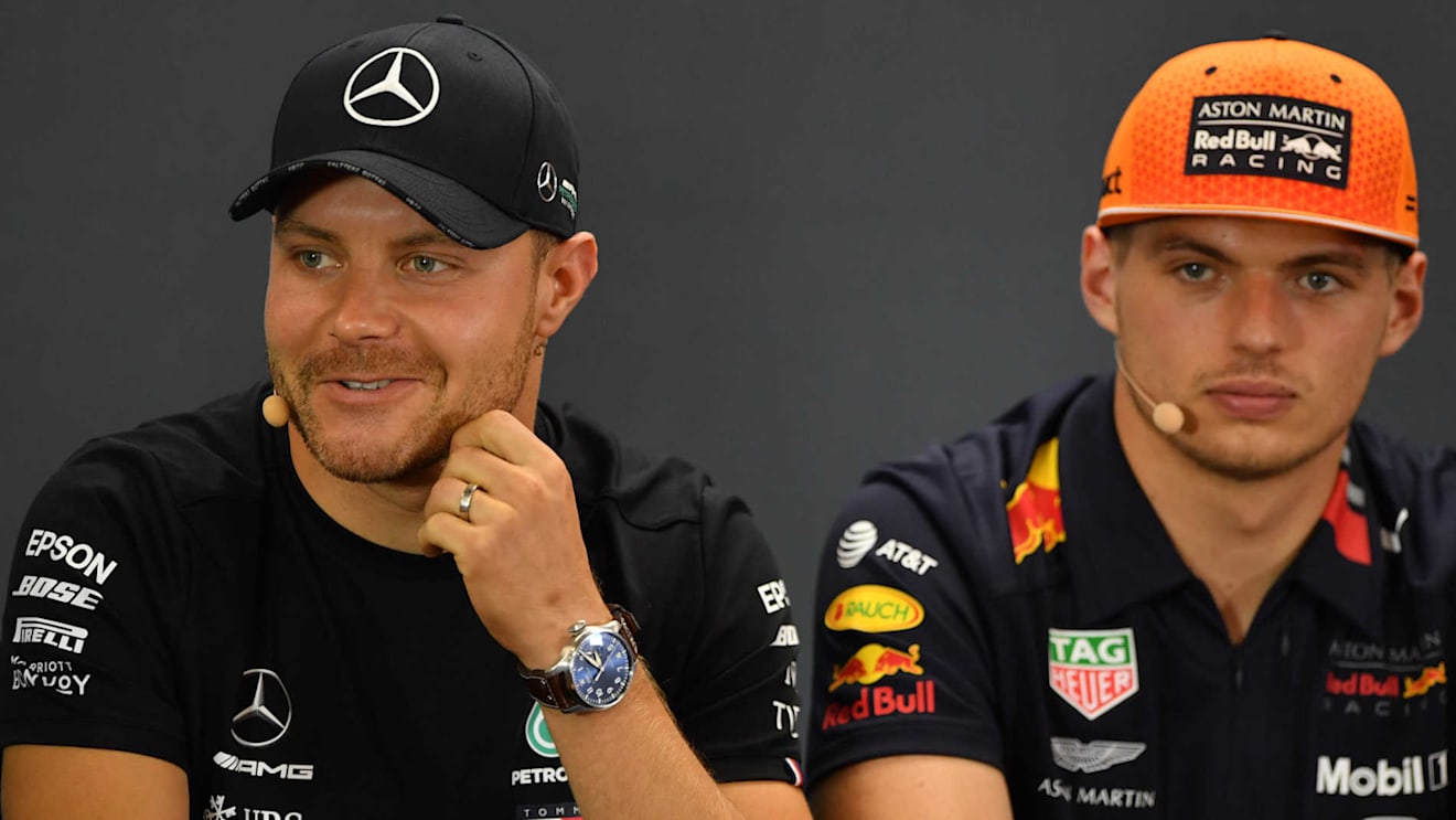 SPA-FRANCORCHAMPS, BELGIUM - AUGUST 29: Max Verstappen, Red Bull Racing, and Valtteri Bottas, Mercedes AMG F1 during the Belgian GP at Spa-Francorchamps on August 29, 2019 in Spa-Francorchamps, Belgium. (Photo by Simon Galloway / Sutton Images)
