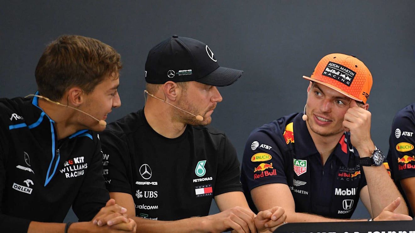 SPA-FRANCORCHAMPS, BELGIUM - AUGUST 29: George Russell, Williams Racing, Valtteri Bottas, Mercedes AMG F1 and Max Verstappen, Red Bull Racing during the Belgian GP at Spa-Francorchamps on August 29, 2019 in Spa-Francorchamps, Belgium. (Photo by Simon Galloway / Sutton Images)